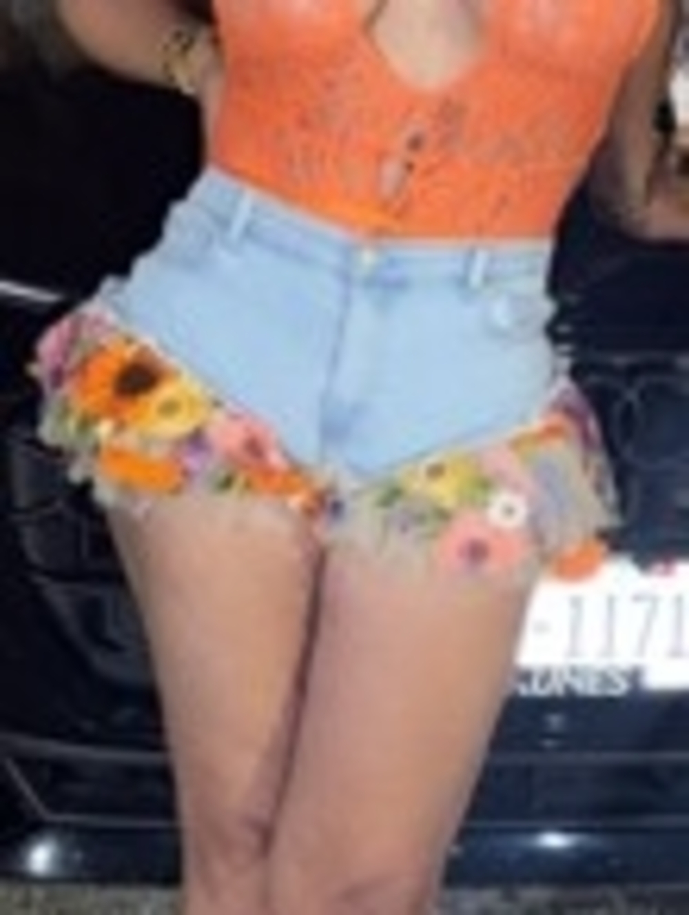 AKIRA Light Blue Denim Shorts with Floral Trim